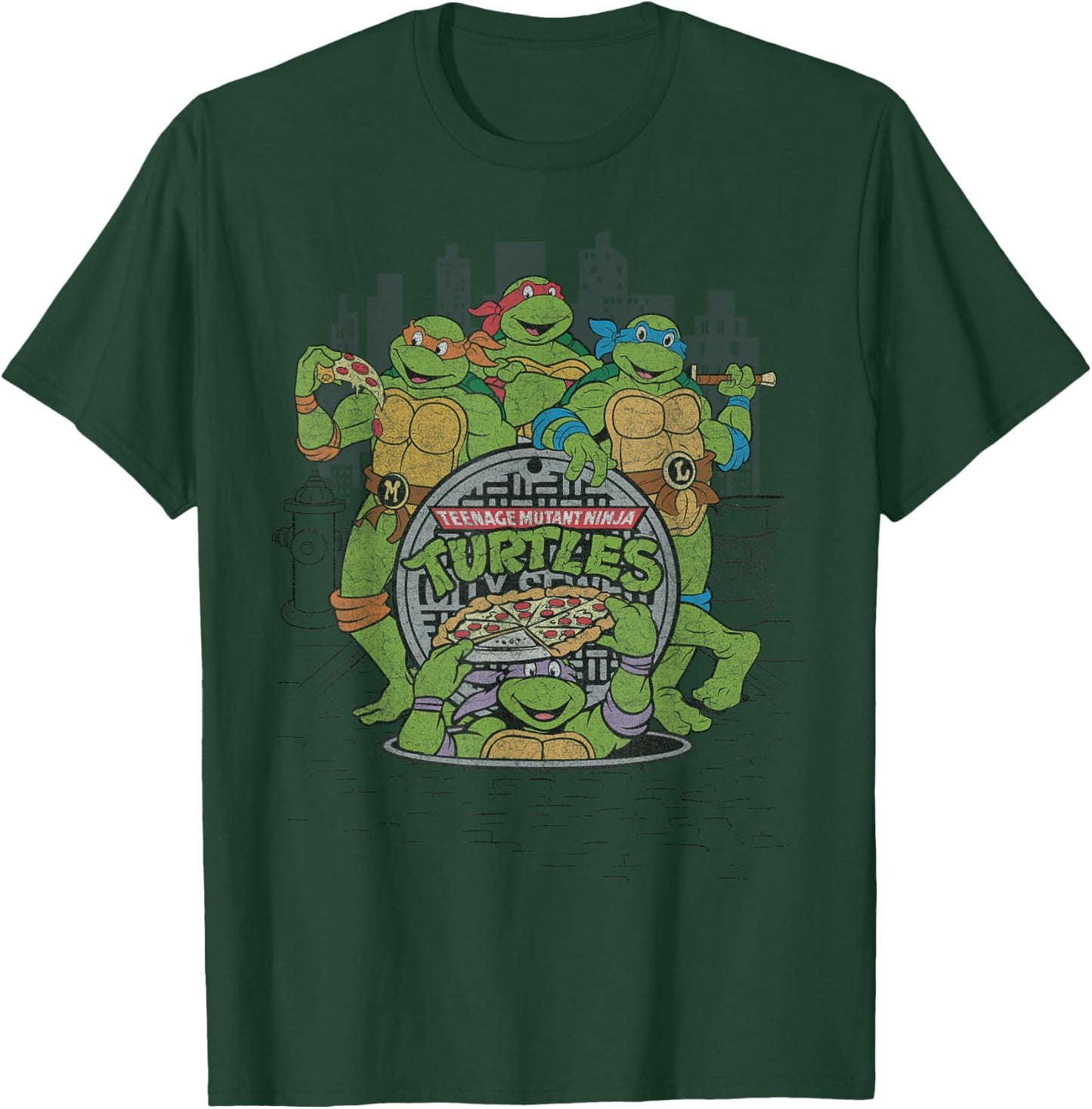 Retro TMNT Group with Pizza in City T-Shirt - T-Shirt | Forest
