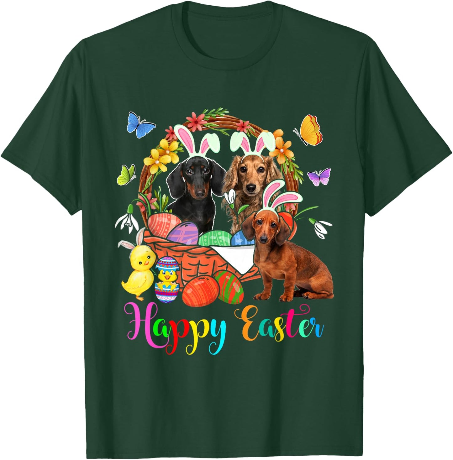 Three Bunny Dachshund Dogs In Easter Eggs Basket T-Shirt - T-Shirt | Forest