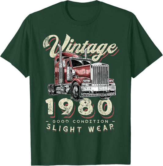 Vintage 1980 Trucker Big Rig Truck Driver 42nd Birthday T-Shirt - T-Shirt | Forest
