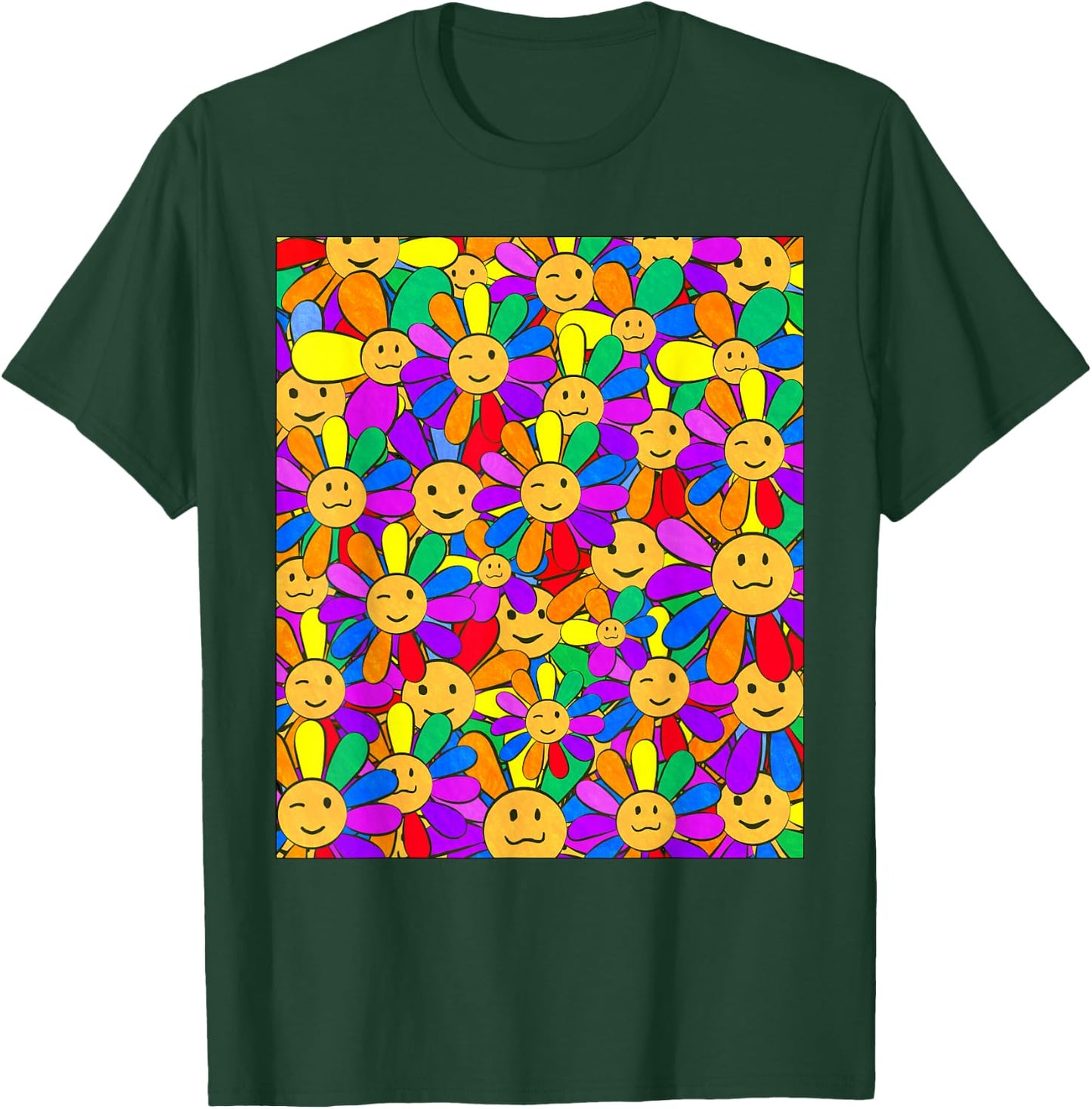 Kidcore Aesthetic Smiling Flowers Cute Kawaii Face Retro T-Shirt - T-Shirt | Forest