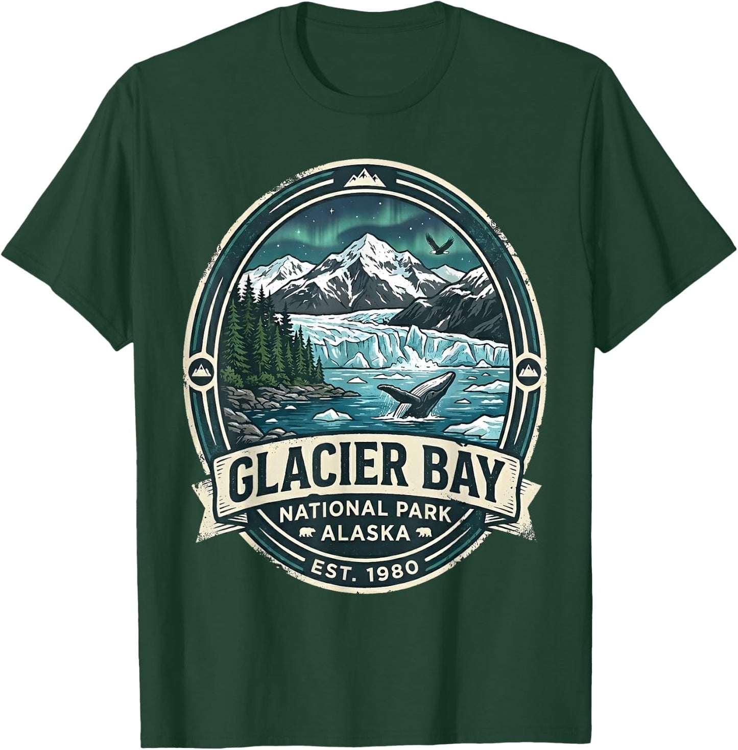 Glacier Bay National Park Alaska Vintage Whale & Mountains T-Shirt - T-Shirt | Forest