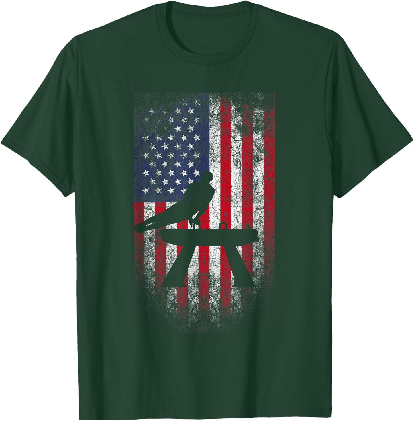 Gymnastics Pommel Horse USA American Flag Vintage Sports Women Kids Men T-Shirt - T-Shirt | Forest