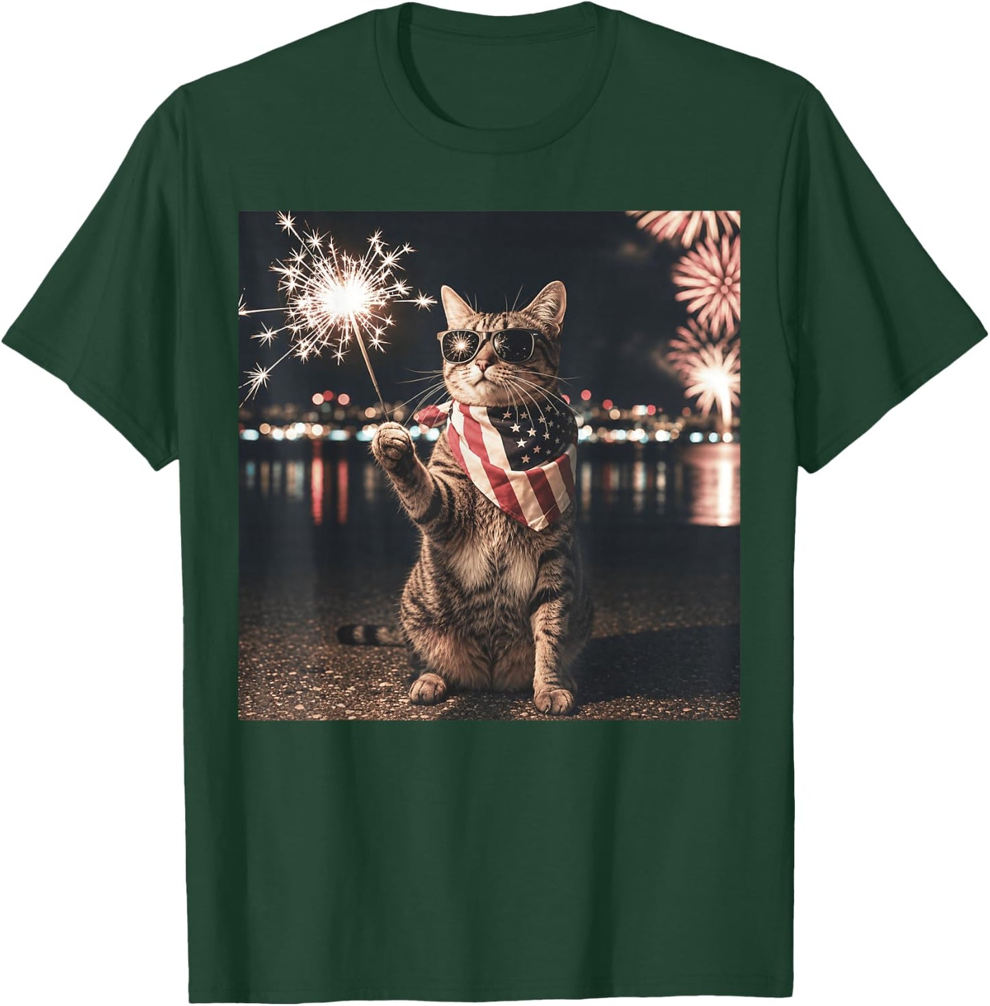 Patriotic Cat American Flag Fireworks 4th of July T-Shirt - T-Shirt | Forest