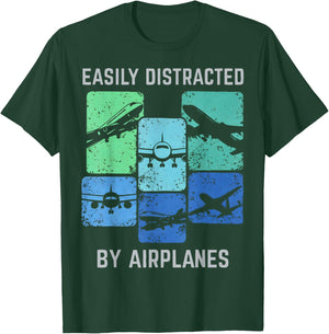 Easily Distracted by Airplanes Gifts Women Kids T-Shirt - T-Shirt | Forest