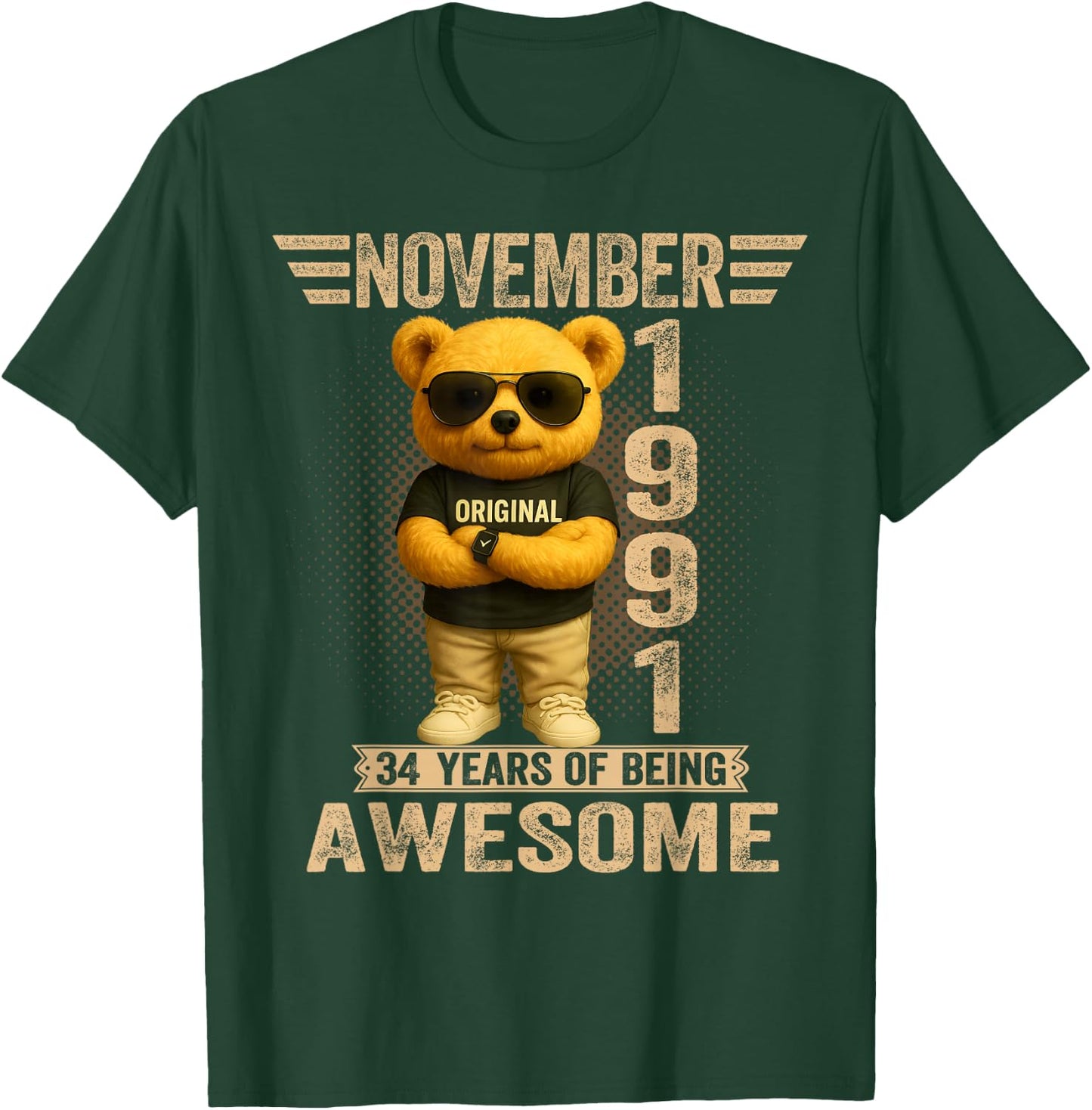34 Year Old November 1991 Teddy Bear 34th Birthday Men Women T-Shirt - T-Shirt | Forest