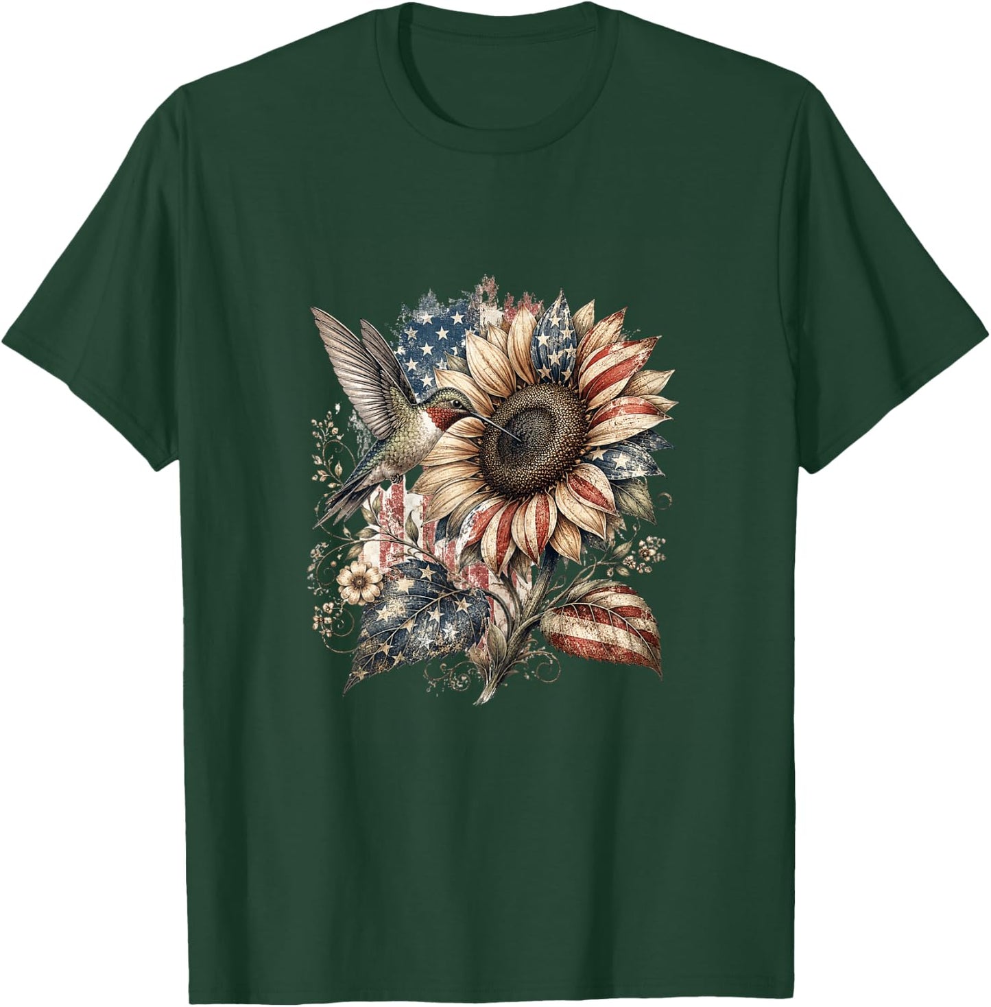 American Flag Sunflower Patriotic 250th Floral Vintage Women T-Shirt - T-Shirt | Forest
