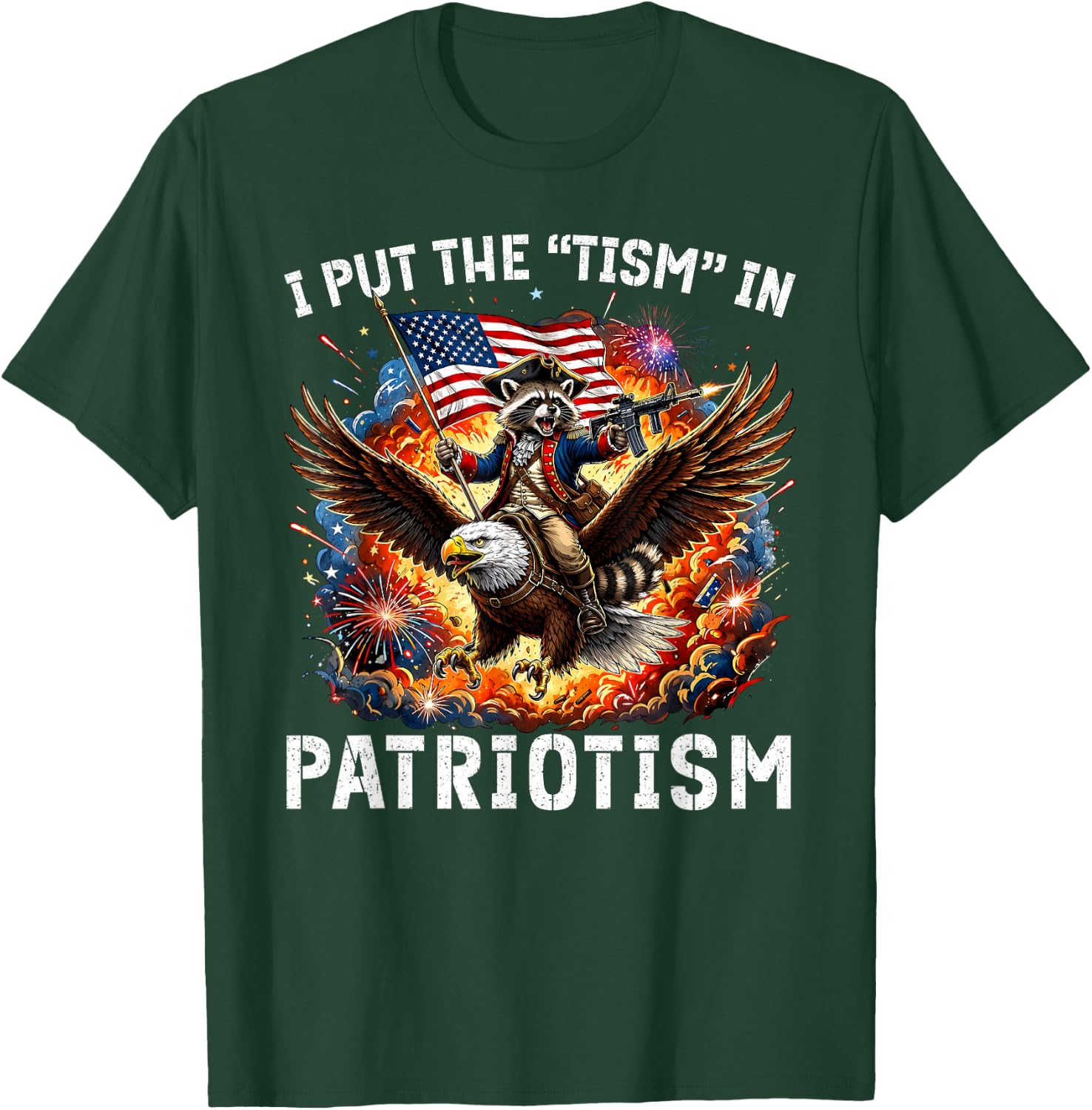 I Put The Tism in Patriotism Retro Eagle Raccoon USA Flag T-Shirt - T-Shirt | Forest