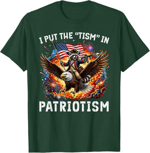 I Put The Tism in Patriotism Retro Eagle Raccoon USA Flag T-Shirt - T-Shirt | Forest