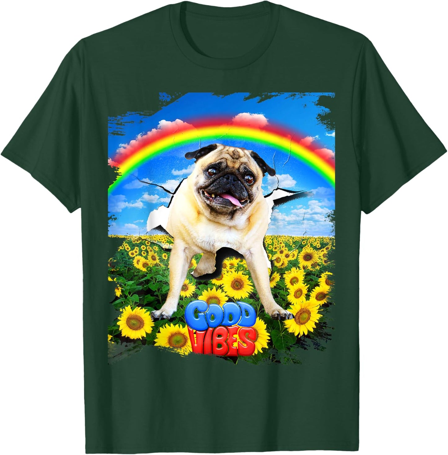 Pug Dog Cracked Wall Good Positive Vibes Rainbow Funny Men Women Kids T-Shirt - T-Shirt | Forest