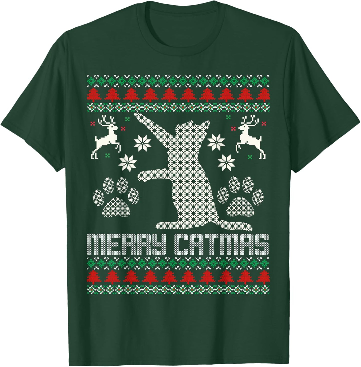 Merry Catmas Funny Cat Christmas Ugly Sweater Men Women Kids T-Shirt - T-Shirt | Forest