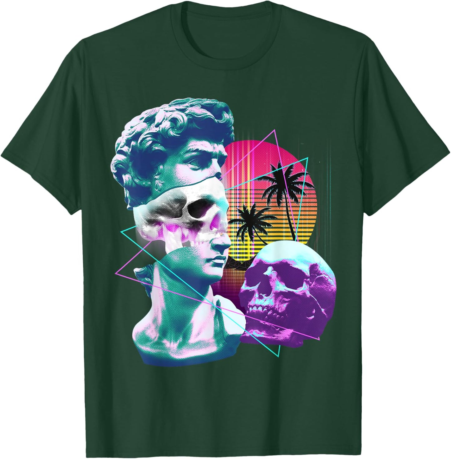 Vaporwave David Bust Statue with Skulls & Palm Tree Art T-Shirt - T-Shirt | Forest