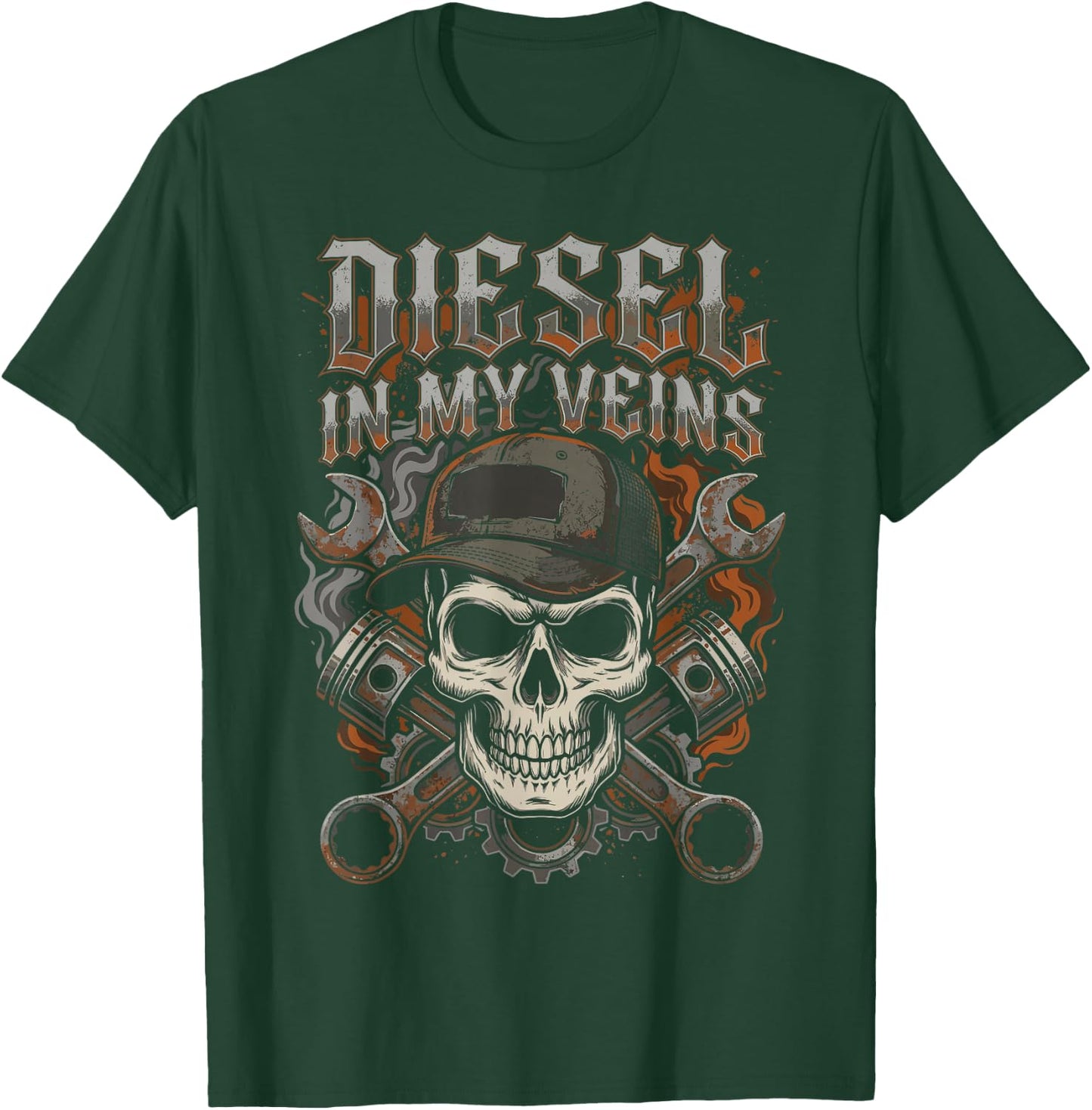 Diesel in My Veins Skull Mechanic Semi Truck Driver Trucker T-Shirt - T-Shirt | Forest
