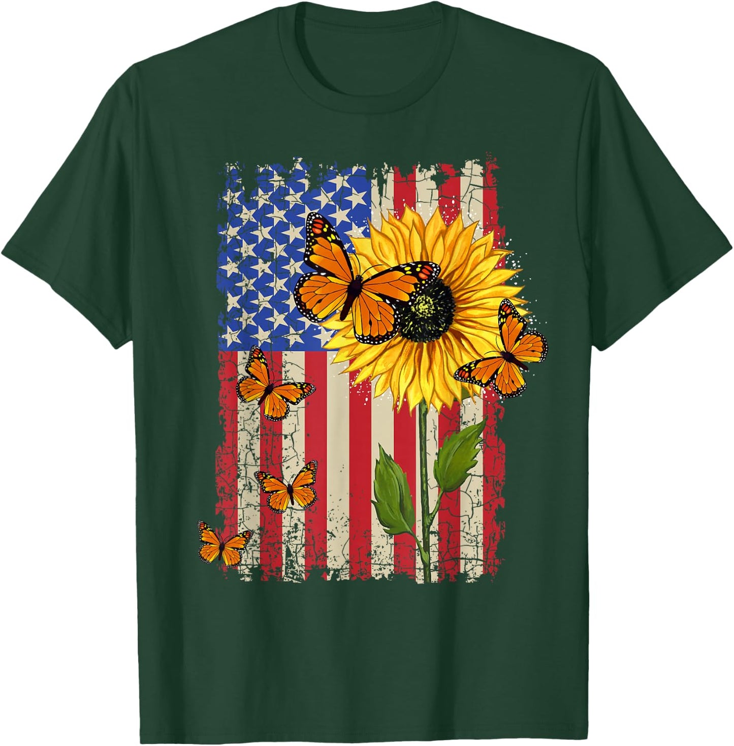 Sunflower Monarch Butterflies Patriotic American Flag T-Shirt - T-Shirt | Forest