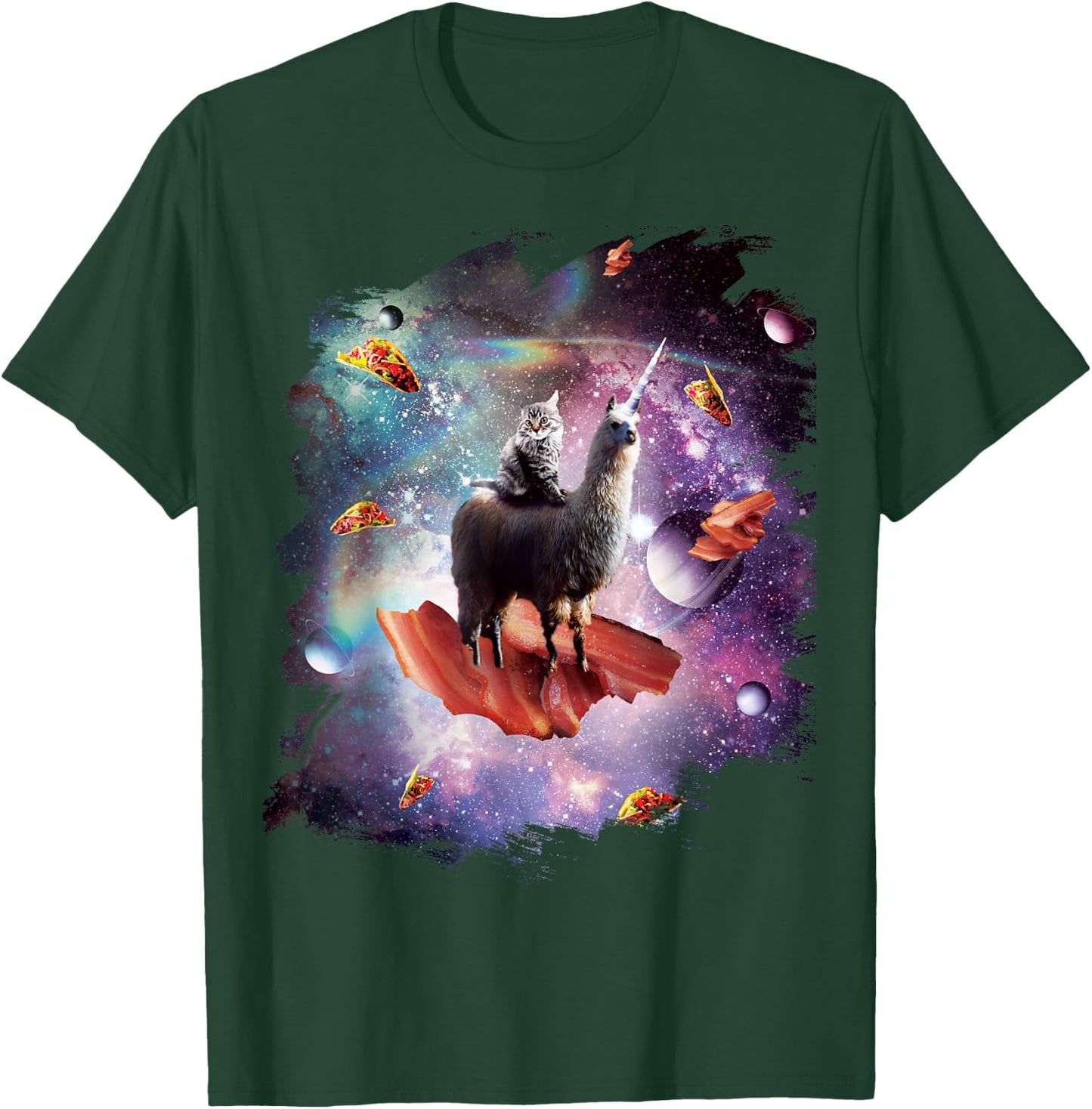 Space Cat Riding Llama Unicorn - Bacon Taco Men Women Girls Kids T-Shirt - T-Shirt | Forest