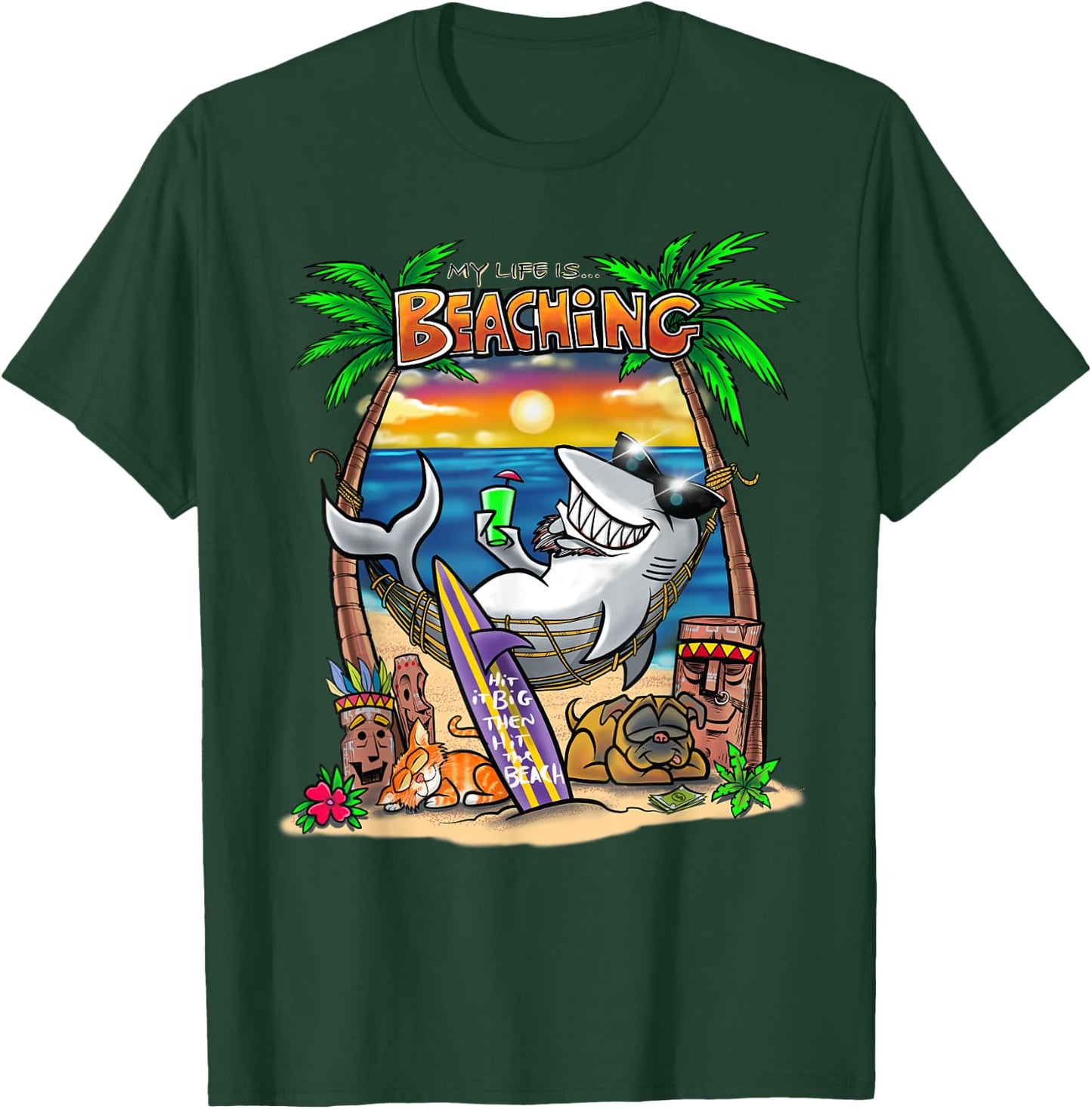 Beach Bum Tiki Shark Surfer T Shirt T-Shirt - T-Shirt | Forest