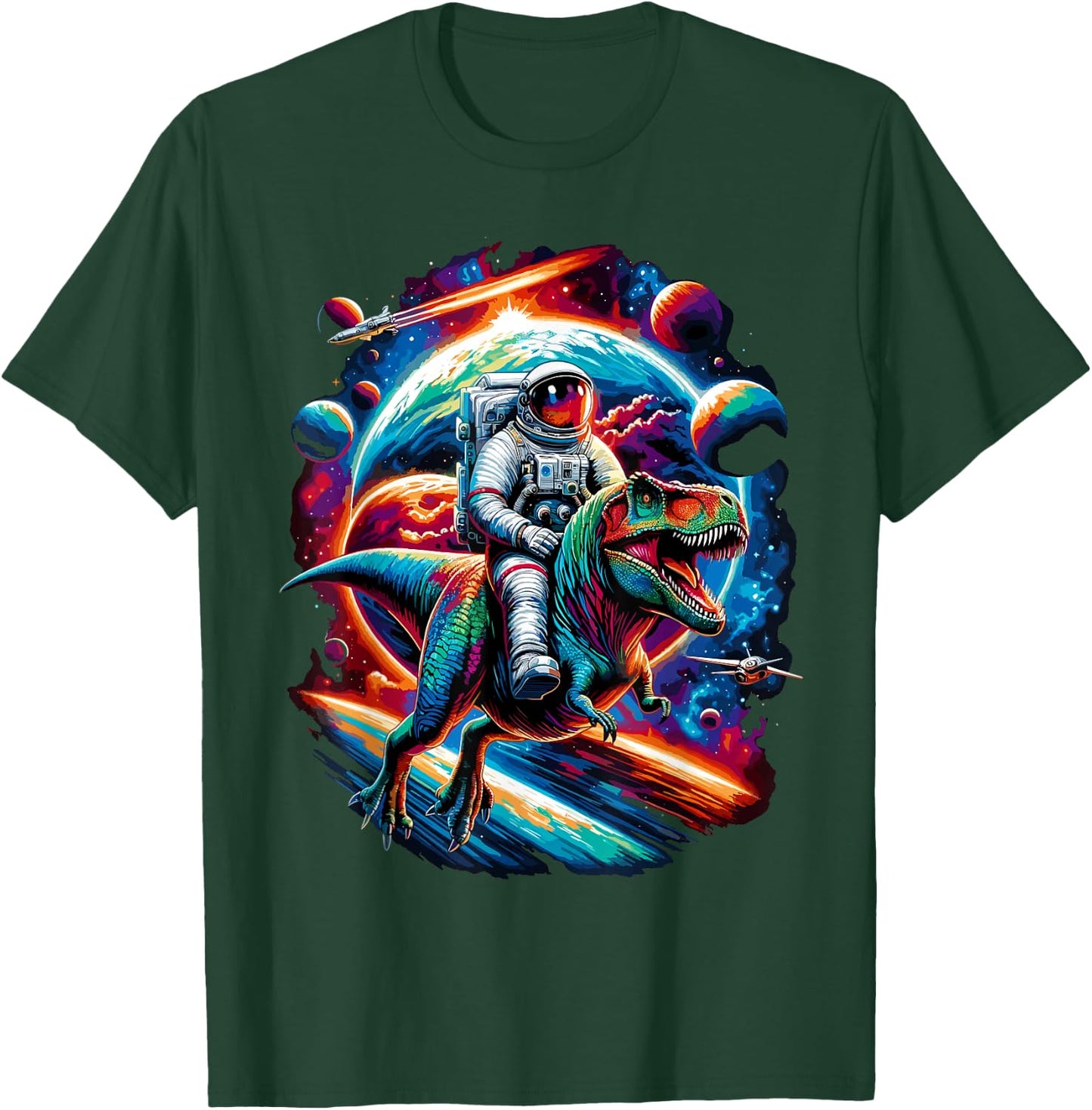 Astronaut Riding T-Rex Dinosaur Space T-Shirt - T-Shirt | Forest