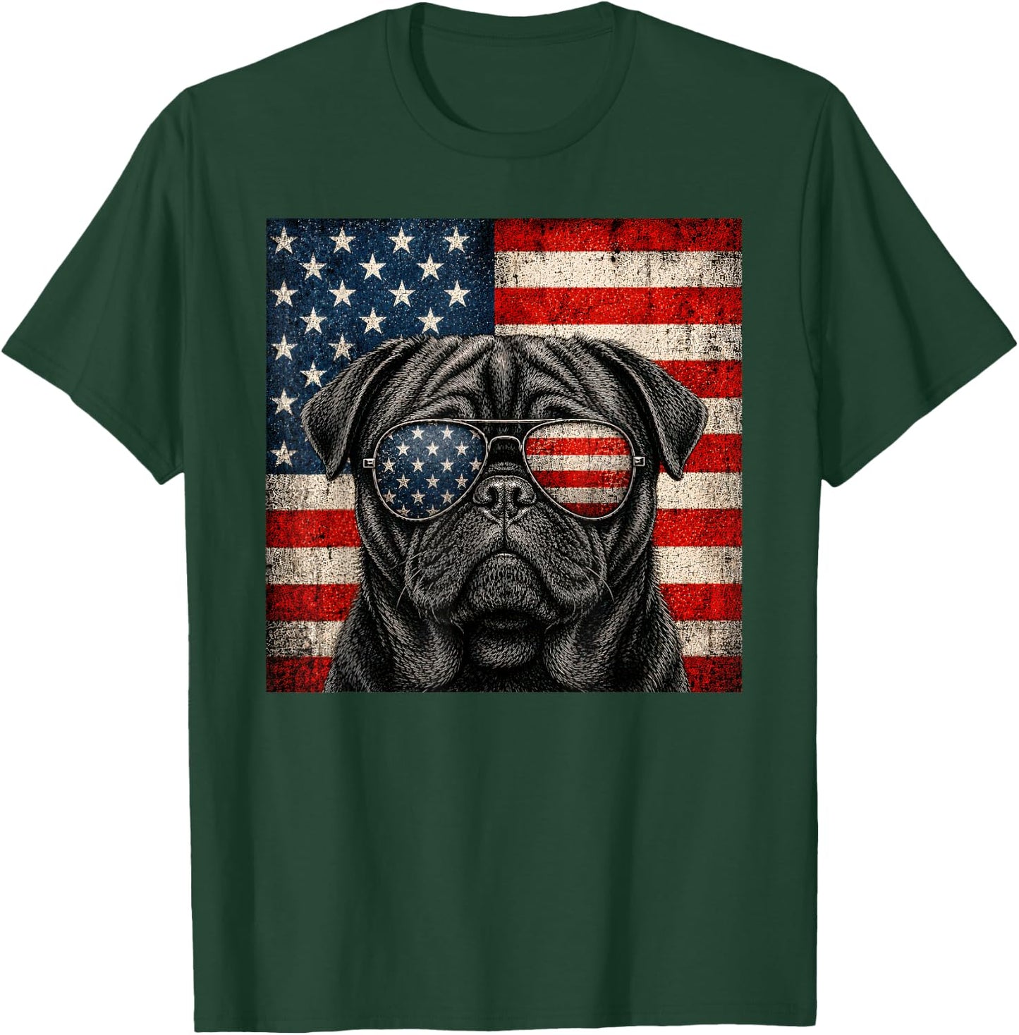 Black Pug 4th of July US American Flag Dog Patriotic T-Shirt - T-Shirt | Forest