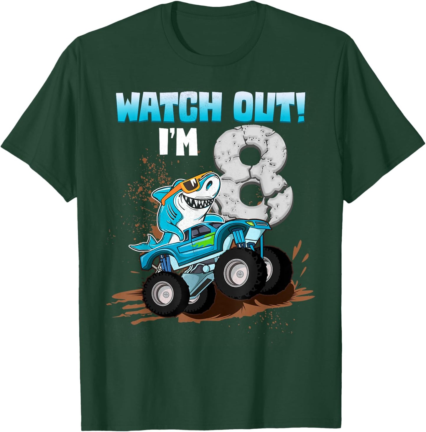 8 Years Old 8th Birthday Shark Boy Girl Monster Truck Gamer T-Shirt - T-Shirt | Forest