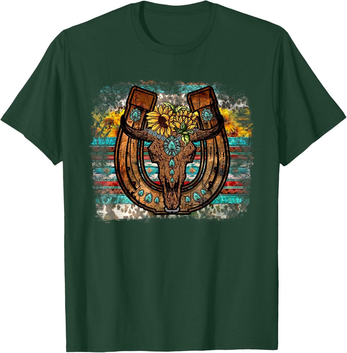 Cute Western Bull Sunflower Horseshoe Country Boho T-Shirt - T-Shirt | Forest