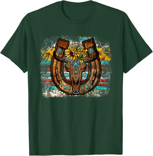 Cute Western Bull Sunflower Horseshoe Country Boho T-Shirt - T-Shirt | Forest