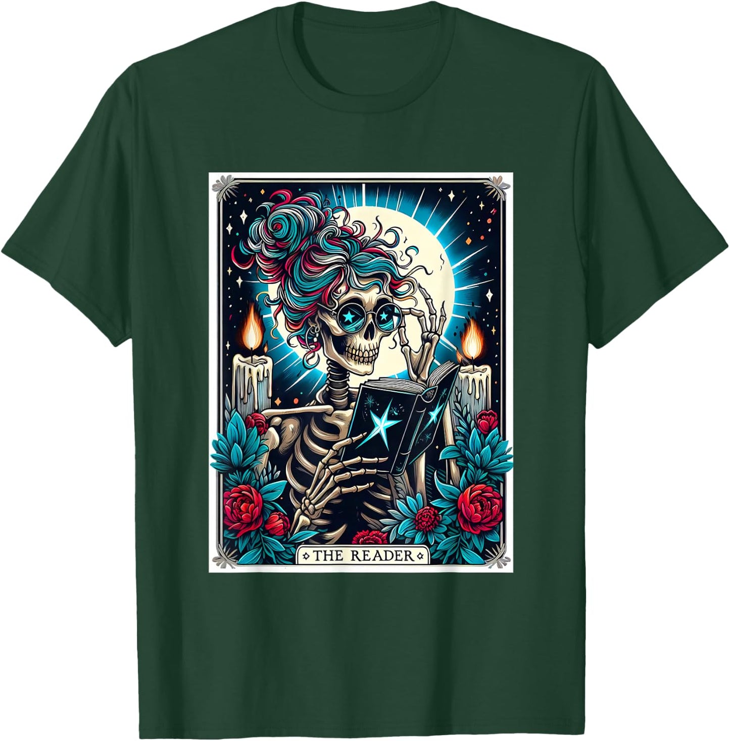 The Reader Tarot Card Funny Book Lover Skeleton Reading Book T-Shirt - T-Shirt | Forest