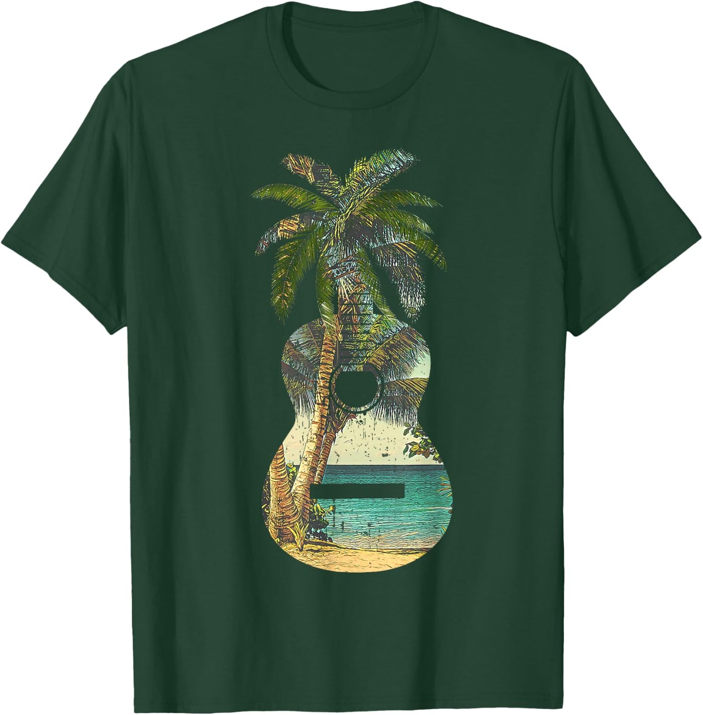 Guitar Lover Beach Palm Trees Vacation Acoustic Music Band T-Shirt - T-Shirt | Forest
