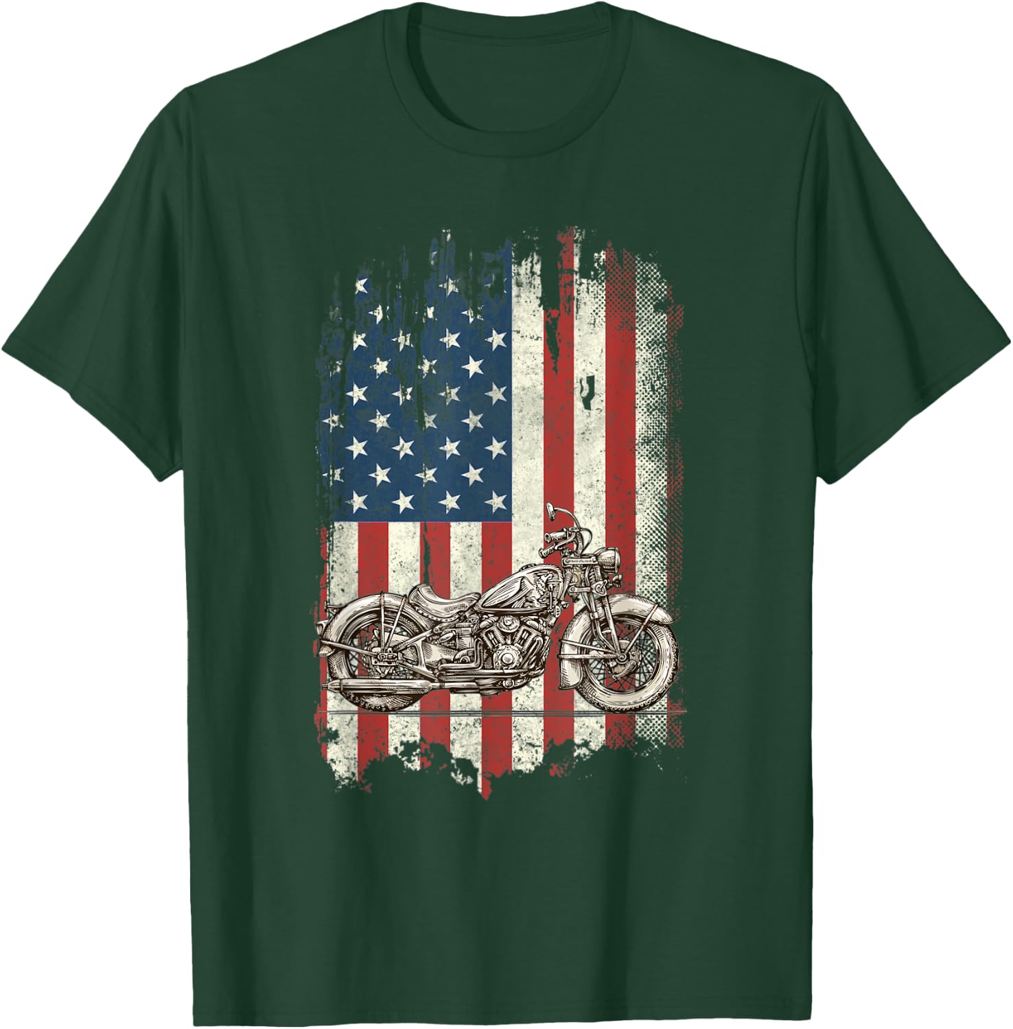 Motorcycle American Flag Distressed Vintage Biker Patriotic Women Kids Men T-Shirt - T-Shirt | Forest