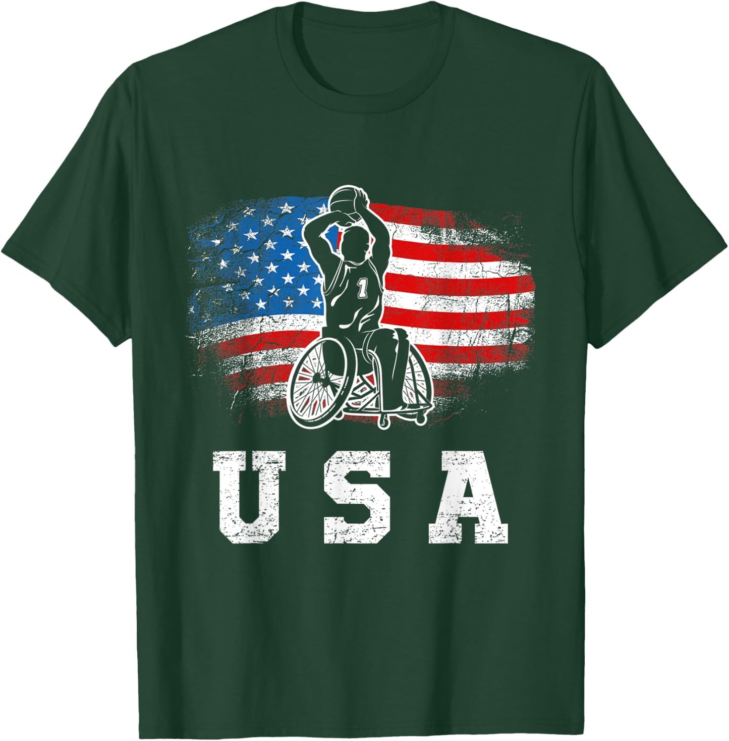 Wheelchair Basketball,Disability Sports Handicap Usa Flag T-Shirt - T-Shirt | Forest