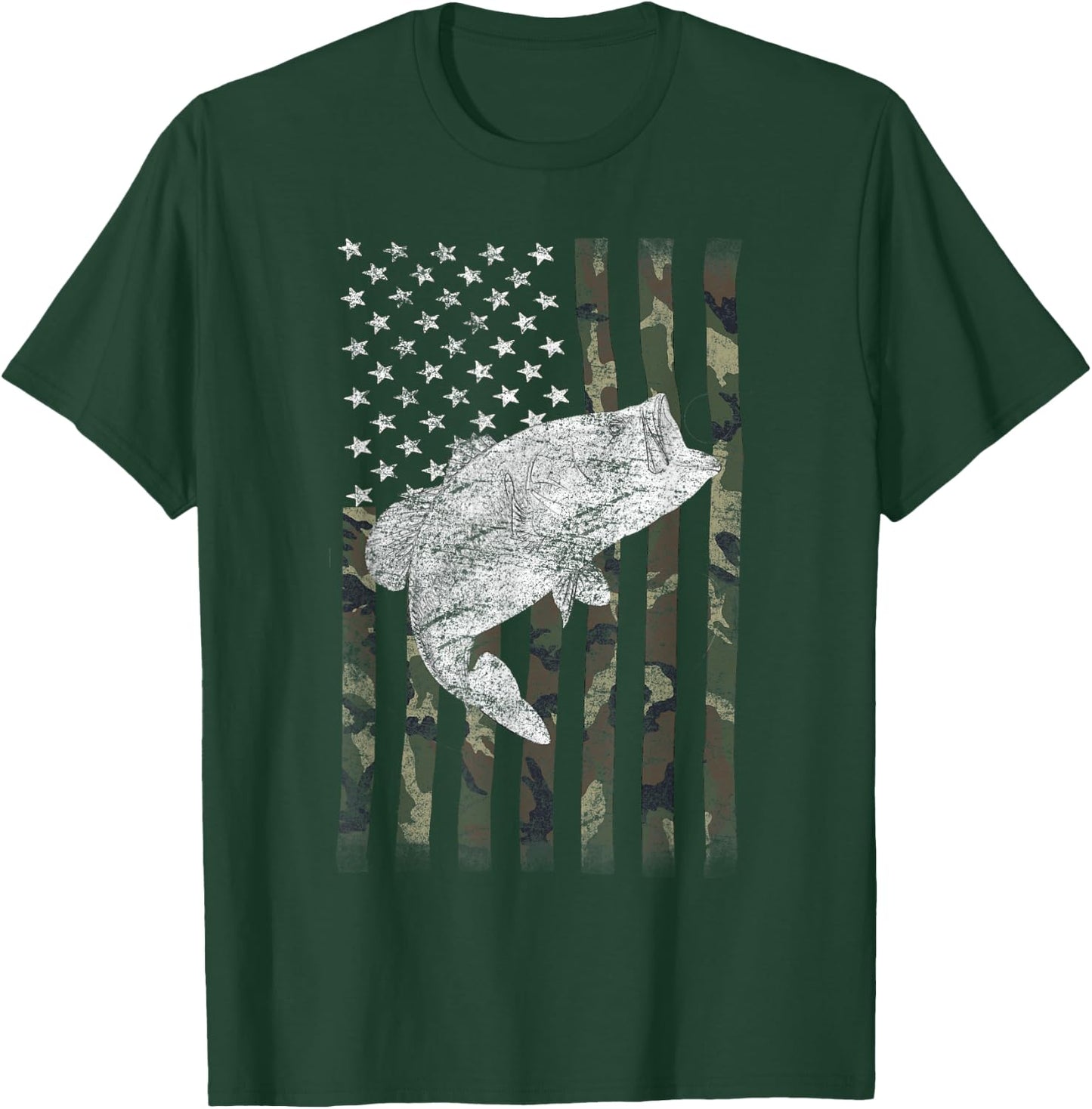 Bass Fishing US American Flag Large Mouth Camo Kids Men T-Shirt - T-Shirt | Forest