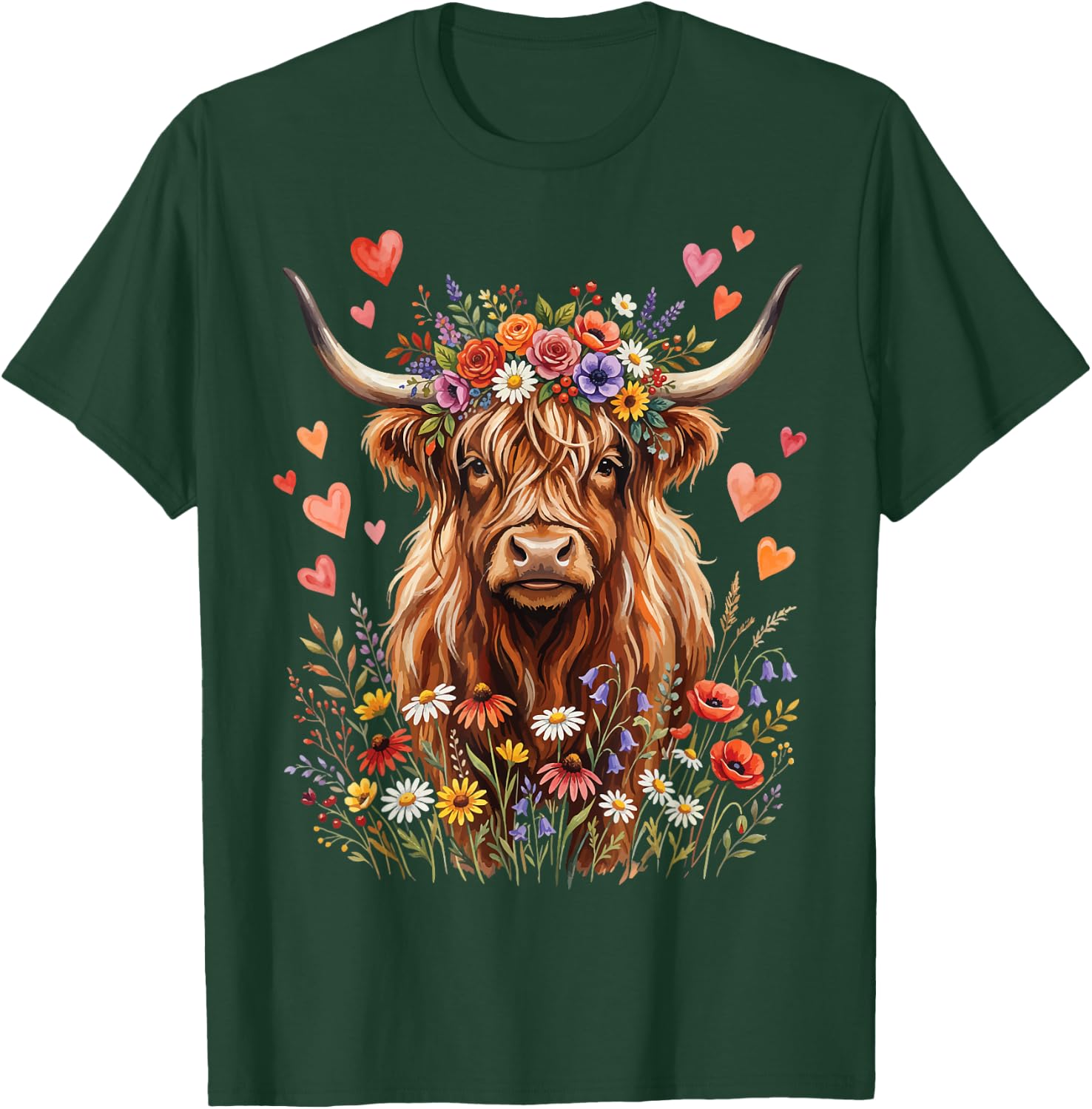 Highland Cow Floral Cute T-Shirt - T-Shirt | Forest