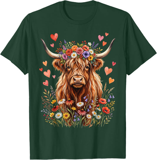 Highland Cow Floral Cute T-Shirt - T-Shirt | Forest