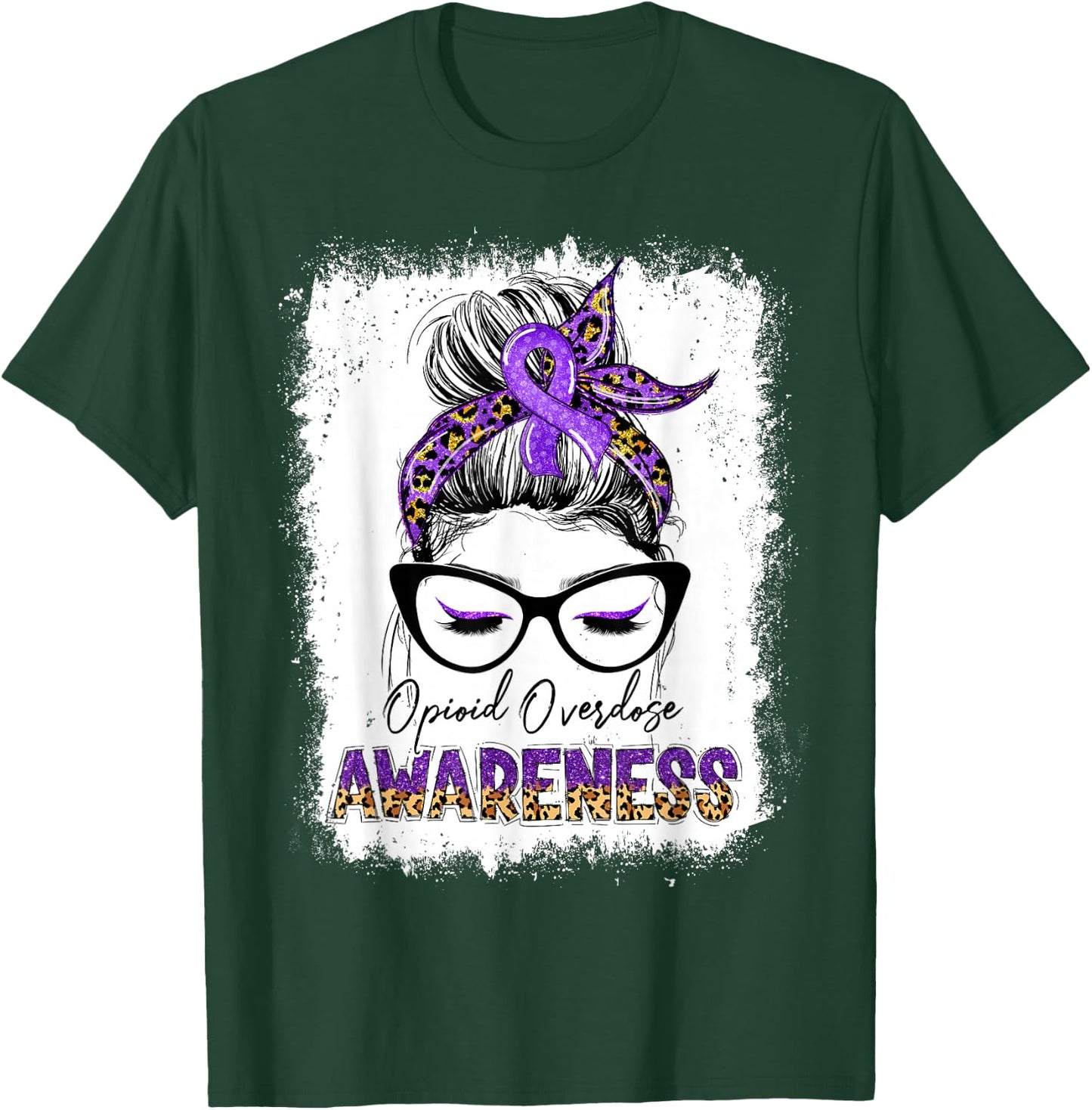 Leopard Messy Bun Opioid Overdose Awareness Purple Ribbon T-Shirt - T-Shirt | Forest