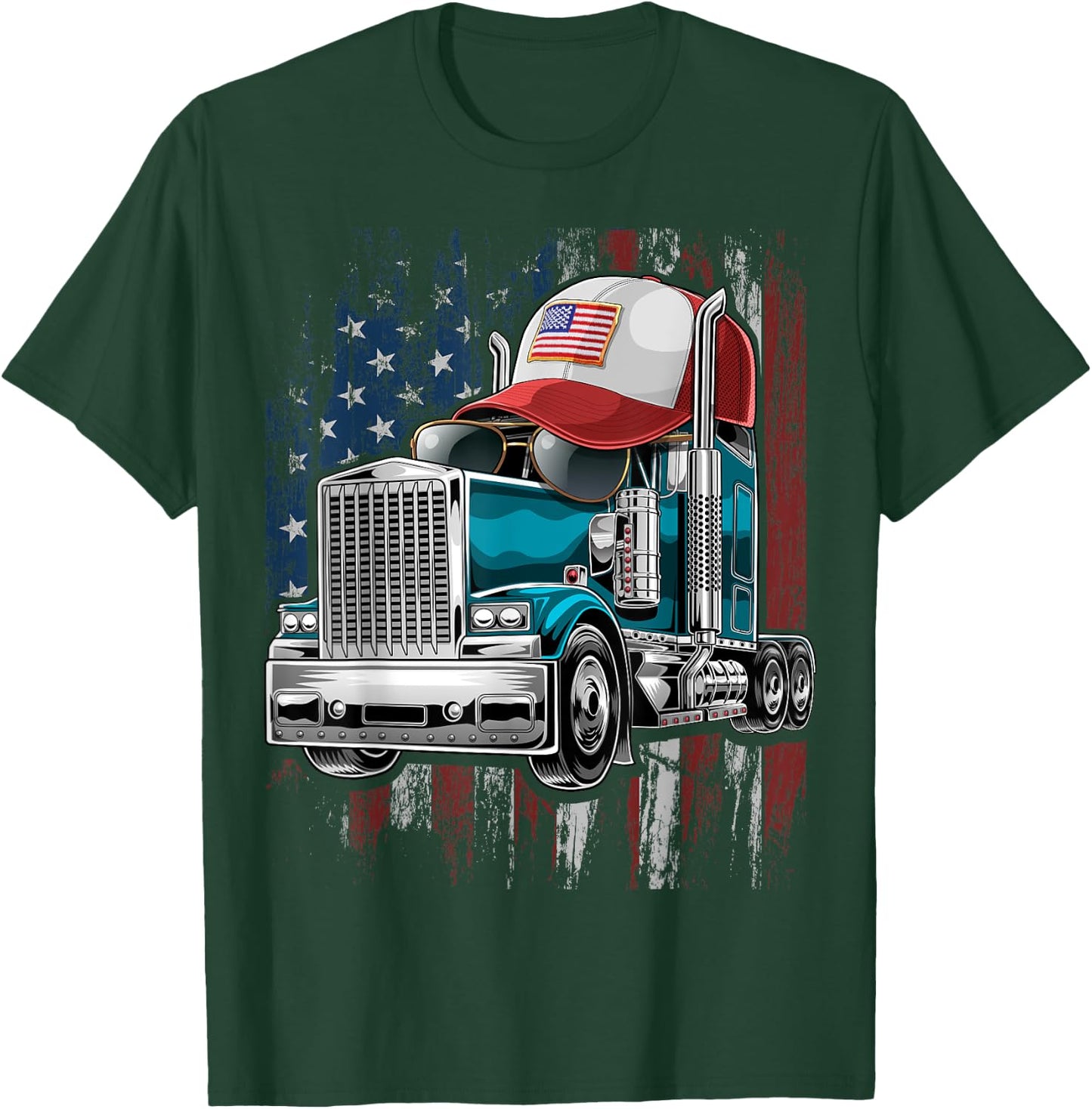 Trucker American Flag Trucker Hat Truck Driver Gift Men T-Shirt - T-Shirt | Forest