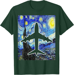 Airplane Starry Night Aviation Airplane Pilot Painting T-Shirt - T-Shirt | Forest