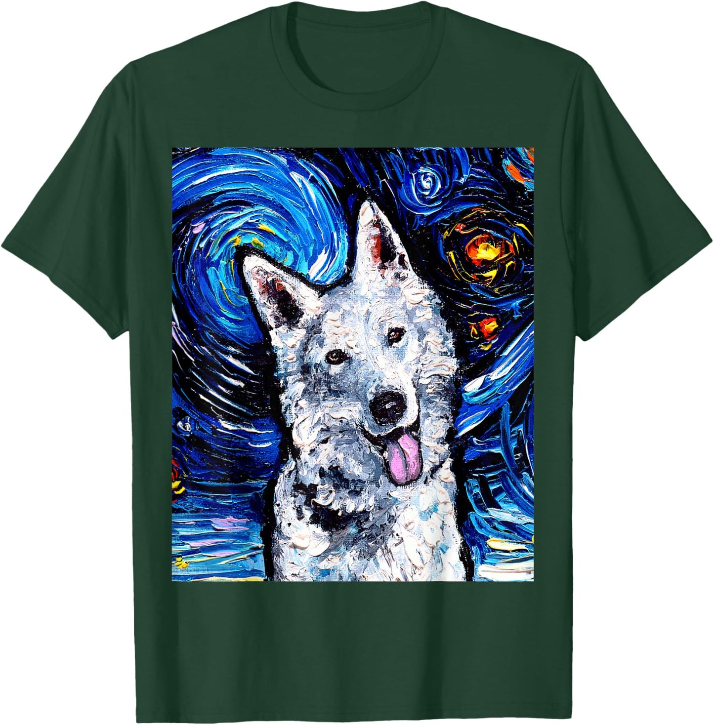 White German Shepherd Portrait Starry Night Dog Art by Aja T-Shirt - T-Shirt | Forest