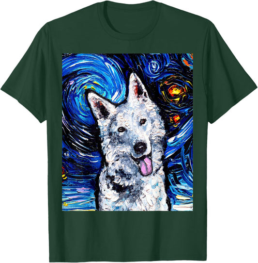 White German Shepherd Portrait Starry Night Dog Art by Aja T-Shirt - T-Shirt | Forest