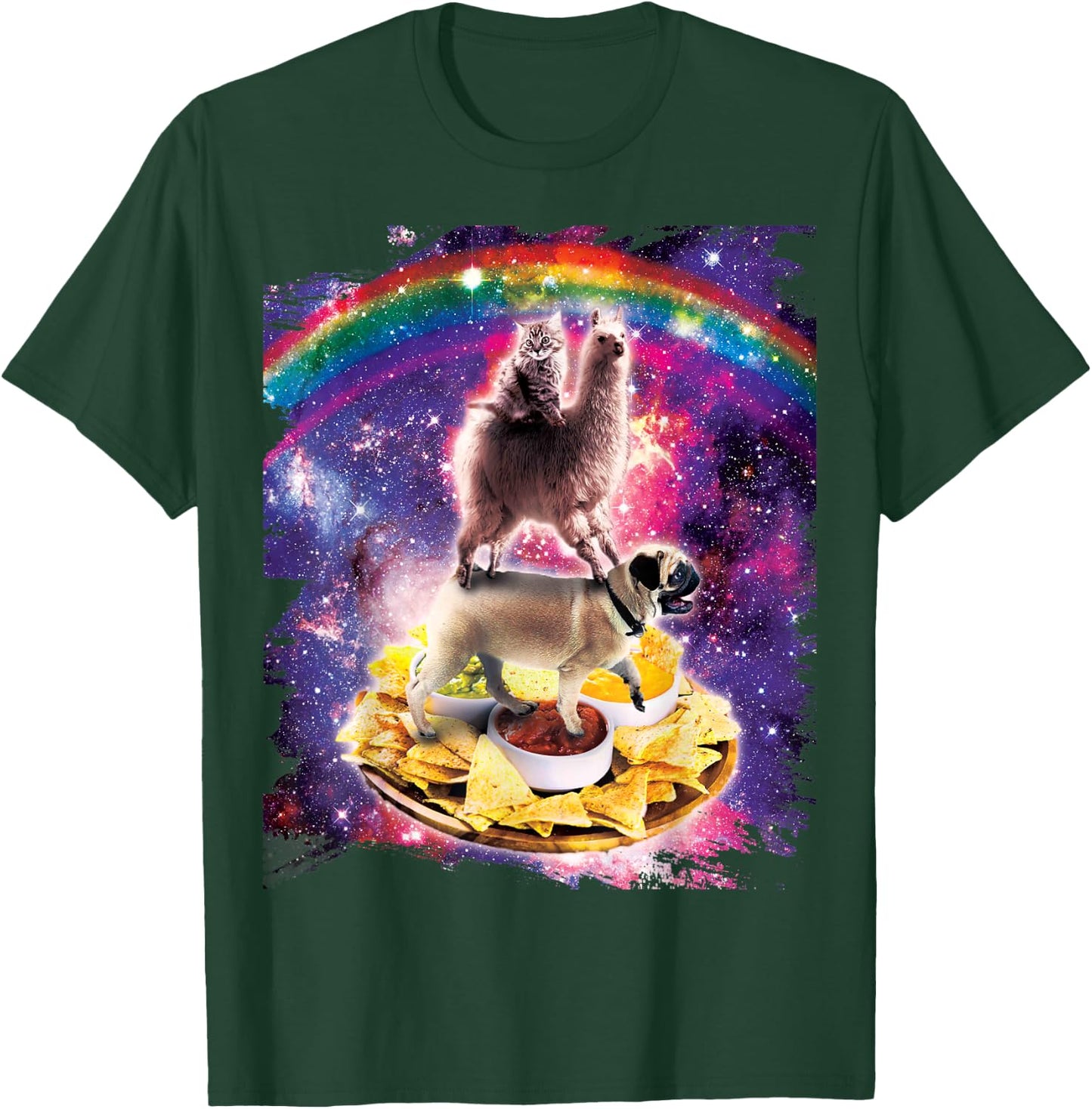Space Cat Llama Pug Riding Nachos Men Women Kids T-Shirt - T-Shirt | Forest