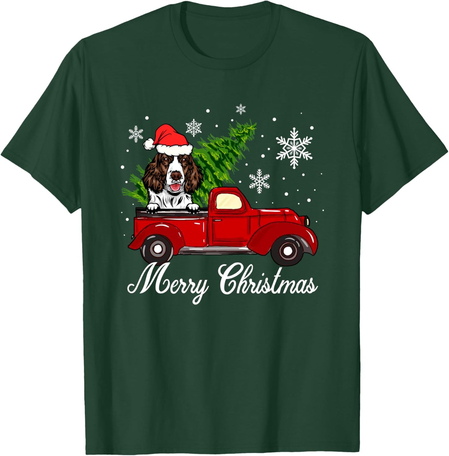 English Springer Spaniel Dog Riding Red Truck Christmas T-Shirt - T-Shirt | Forest