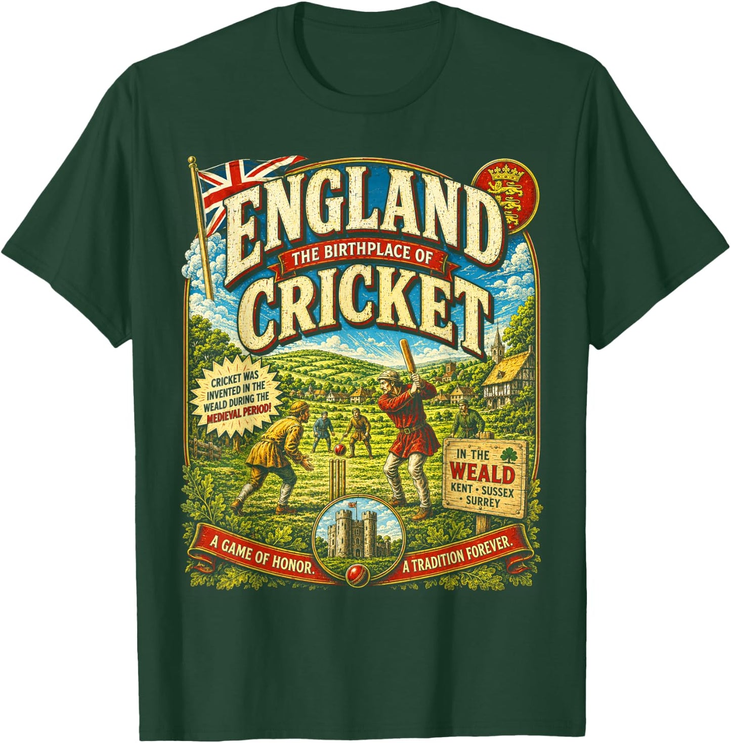 England Cricket Vintage | Birthplace of Cricket Retro T-Shirt - T-Shirt | Forest