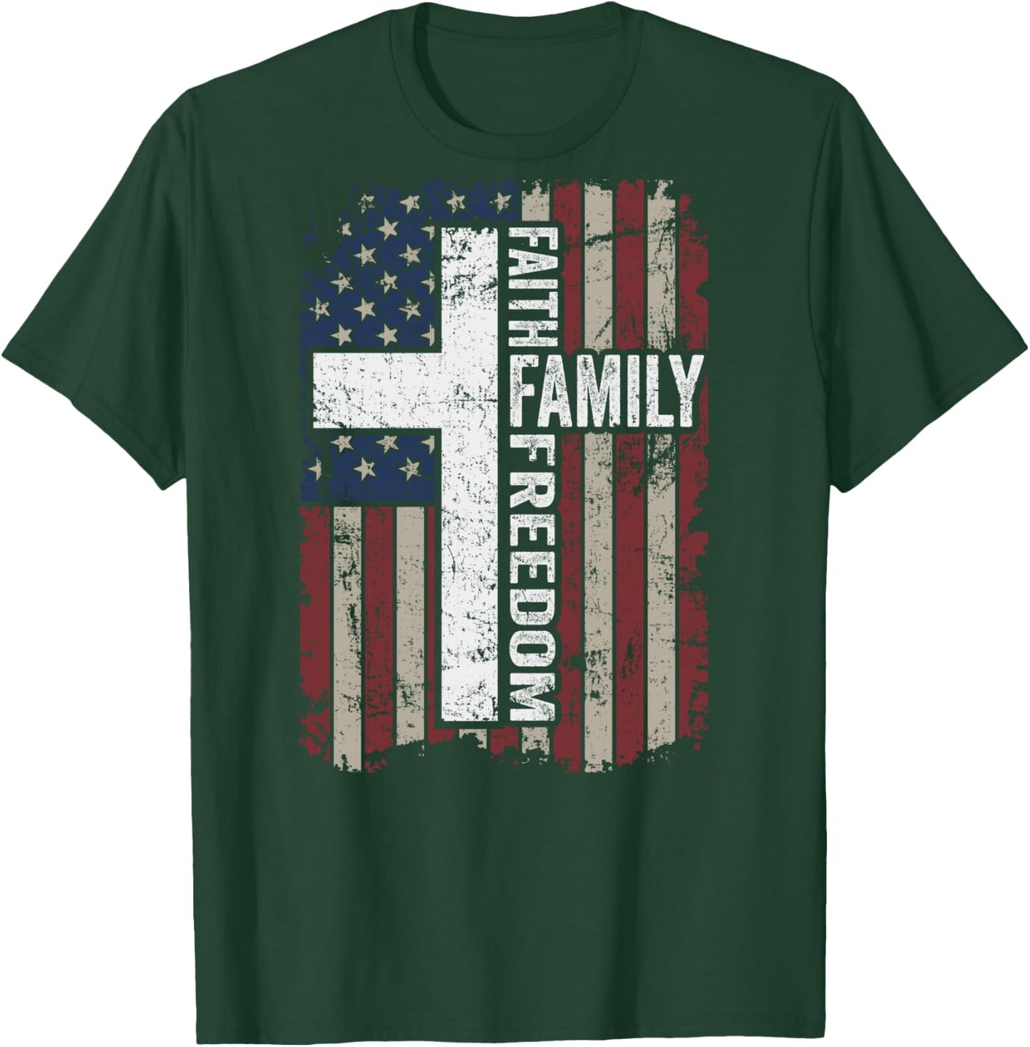Faith Family Freedom - Christian Vintage USA Flag - ON BACK T-Shirt - T-Shirt | Forest