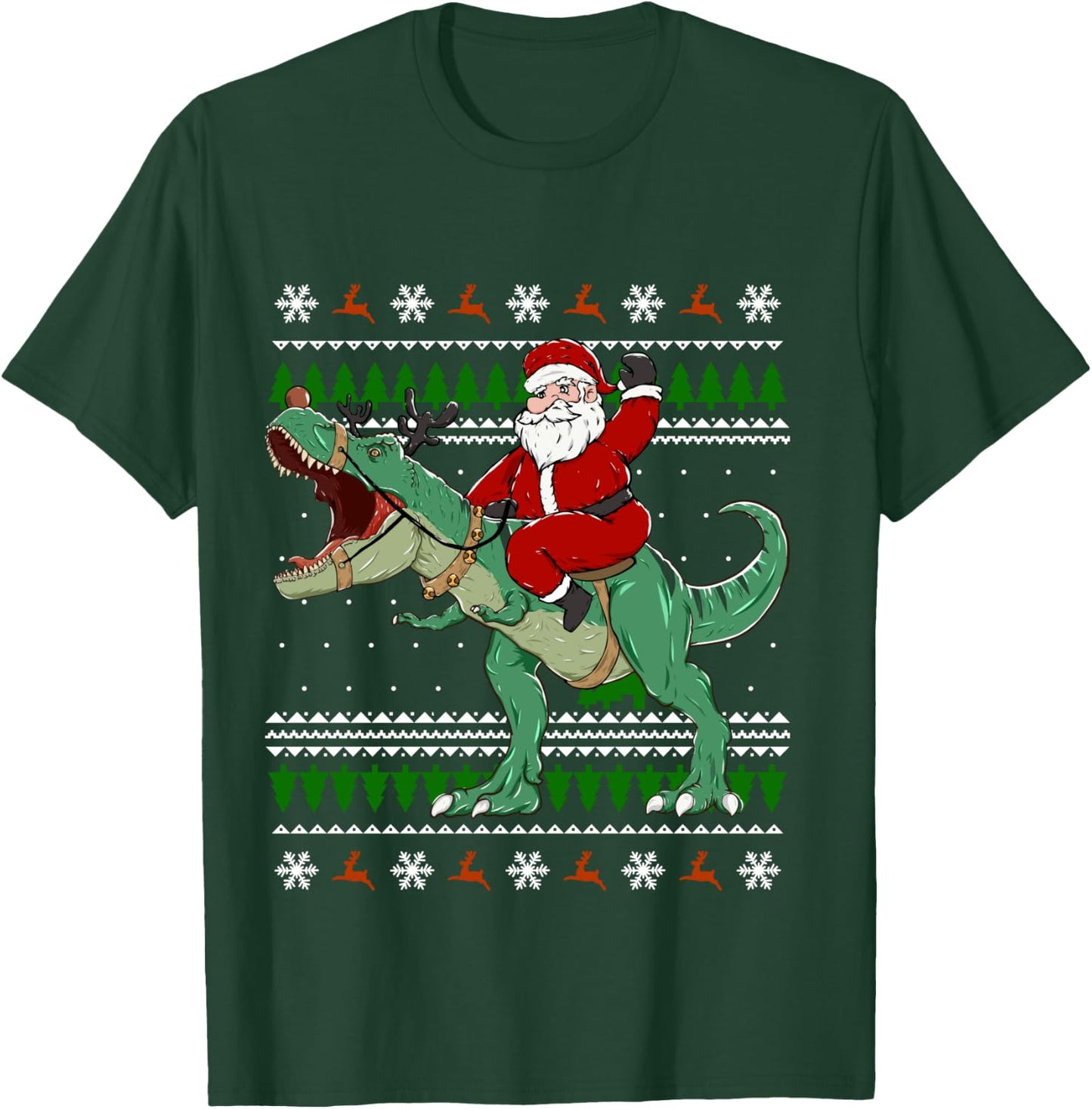 Santa Riding Dino | Funny Christmas Ugly Sweater T-Shirt - T-Shirt | Forest