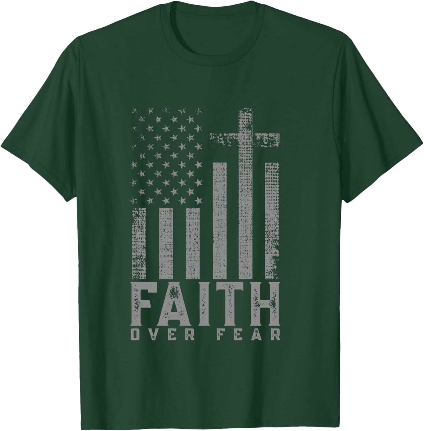 Faith Over Fear Cool Christian Cross American USA Flag T-Shirt - T-Shirt | Forest