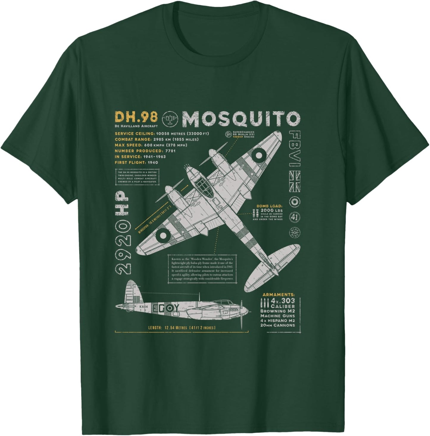 de Havilland Mosquito Fighter Bomber | British WW2 RAF DH.98 T-Shirt - T-Shirt | Forest