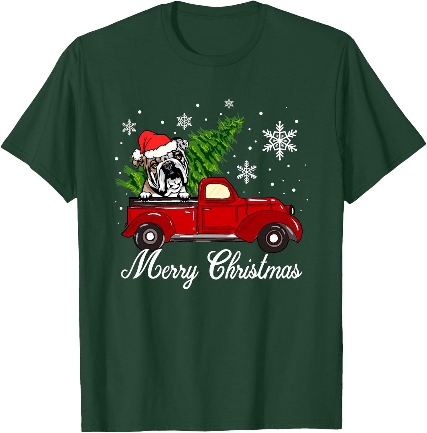 English Bulldog Dog Riding Red Truck Christmas Decorations T-Shirt - T-Shirt | Forest