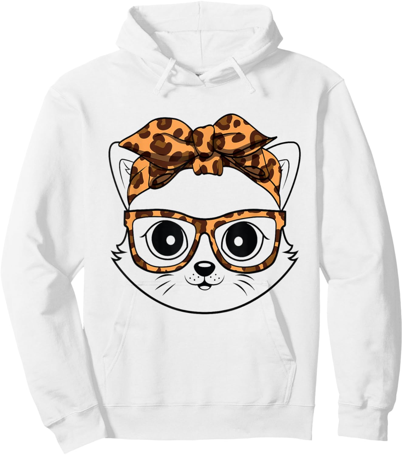 Cute Cat Face Wearing Leopard Print Glasses Hoodie - Hoodie | White