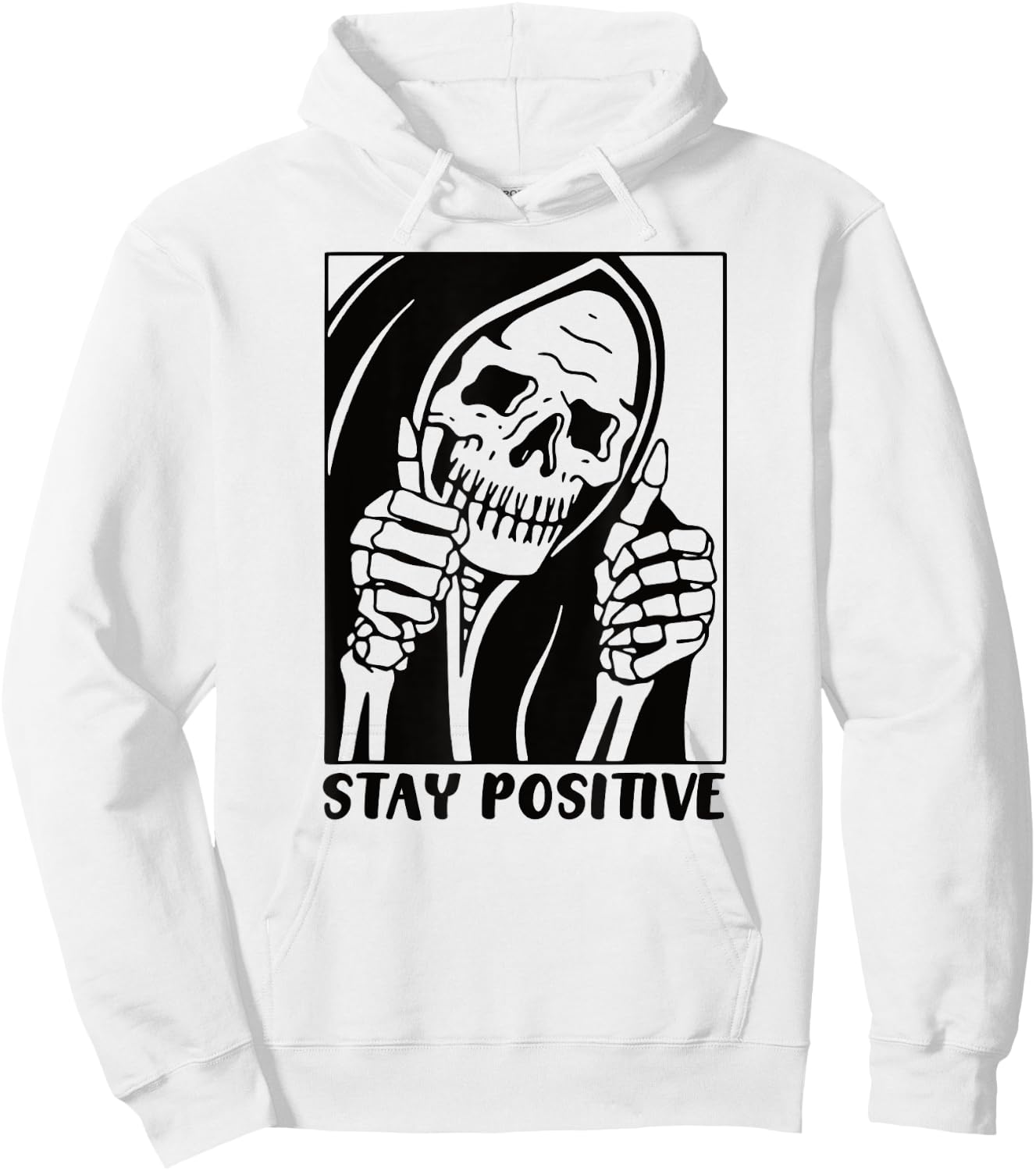Death Stay Positive Skeleton Thumbs Up. Black Graphic Hoodie - Hoodie | White