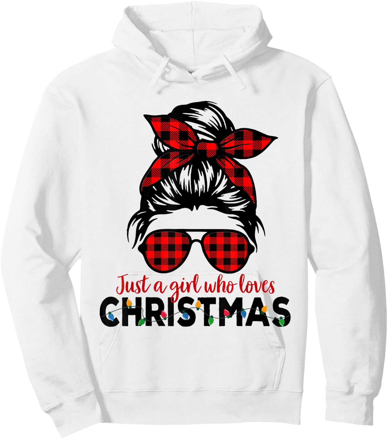 Just a Girl Who Loves Christmas Women Messy Bun Buffalo Hoodie - Hoodie | White