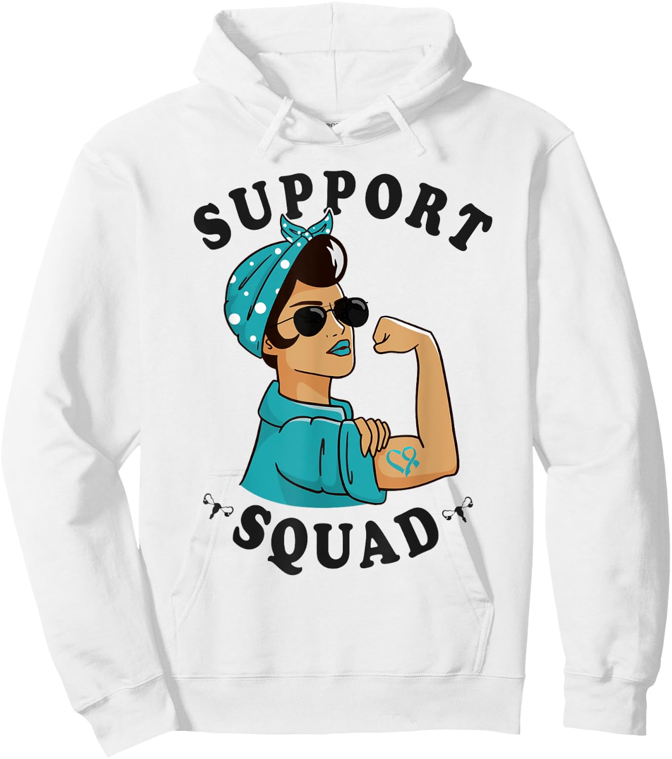 "Support Squad" Teal Ribbon Bandana Women Ovarian Cancer Hoodie - Hoodie | White