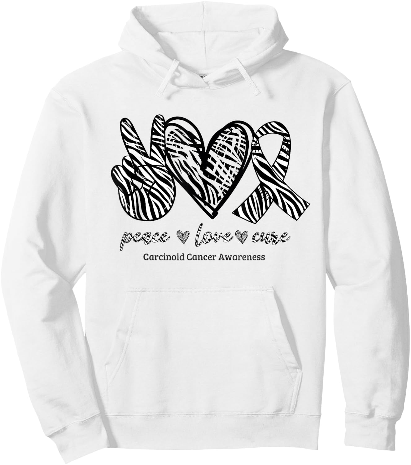 Peace Love Cure Zebra Ribbon Carcinoid Cancer Awareness Hoodie - Hoodie | White