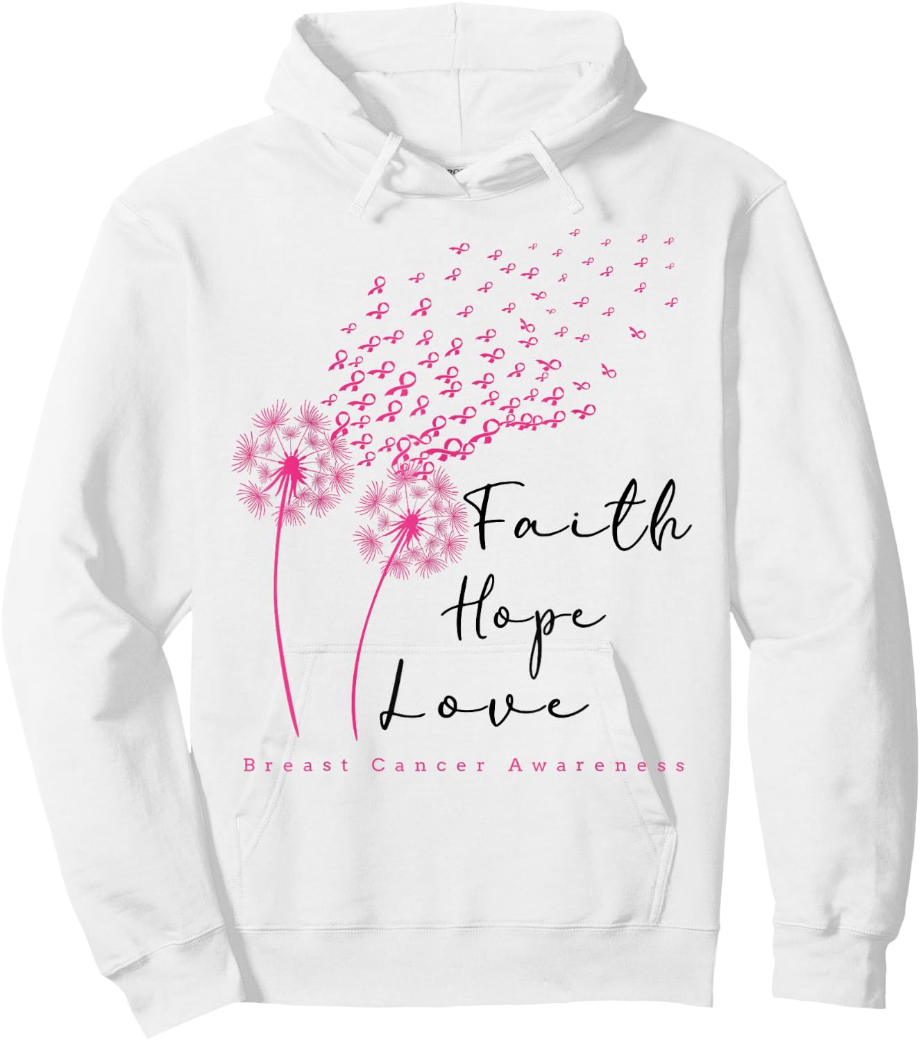 Pink Ribbon Dandelion Faith Hope Love Breast Cancer Hoodie - Hoodie | White